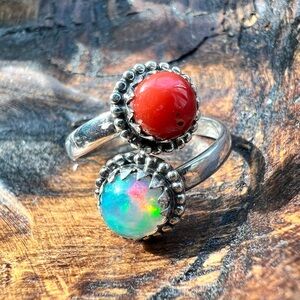 925 Sterling Bypass Ring With Coral & Ethiopian Opal